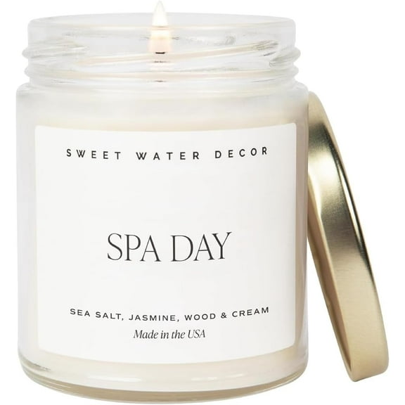 Sweet Water Spa Day Soy Candle - Sea Salt, Jasmine, Wood and Cream Scented Spring Candles for Home - 9oz Clear Jar + Lid, 40+ Hour Burn Time, Made in The