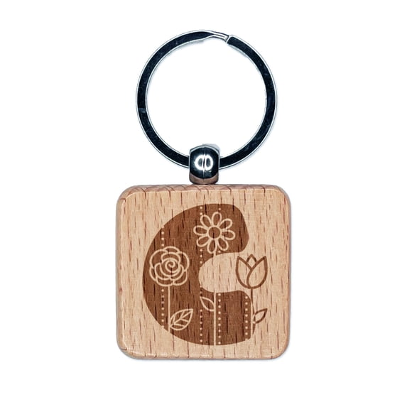 Sweet and Cute Flowers Rounded Block Letter C Square Keychain Charm Tag - Engraved Wood