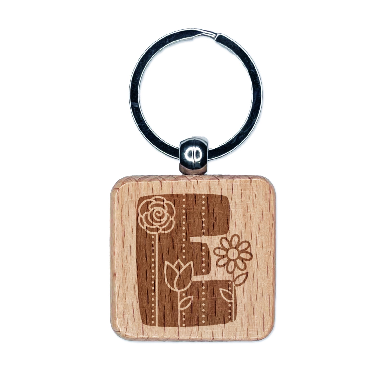 Sweet and Cute Flowers Rounded Block Letter E Square Keychain Charm Tag ...