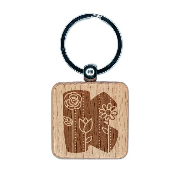 Sweet and Cute Flowers Rounded Block Letter K Square Keychain Charm Tag - Engraved Wood