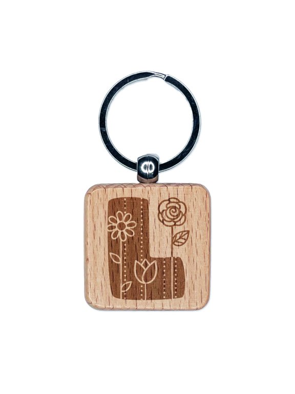 Sweet and Cute Flowers Rounded Block Letter L Square Keychain Charm Tag - Engraved Wood