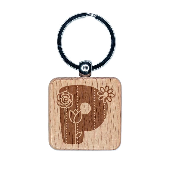 Sweet and Cute Flowers Rounded Block Letter P Square Keychain Charm Tag - Engraved Wood