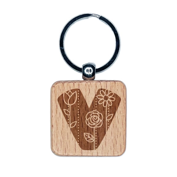 Sweet and Cute Flowers Rounded Block Letter V Square Keychain Charm Tag - Engraved Wood