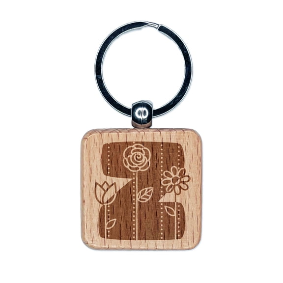 Sweet and Cute Flowers Rounded Block Letter Z Square Keychain Charm Tag - Engraved Wood