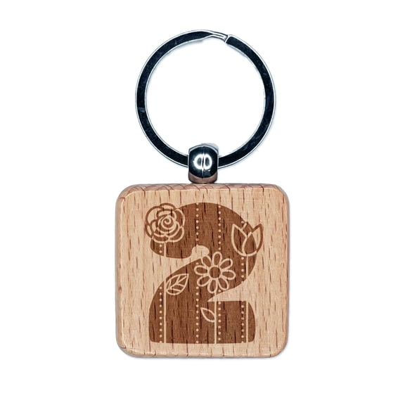 Sweet and Cute Flowers Rounded Block Number 2 Two Square Keychain Charm Tag - Engraved Wood