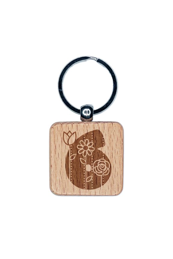 Sweet and Cute Flowers Rounded Block Number 6 Six Square Keychain Charm Tag - Engraved Wood