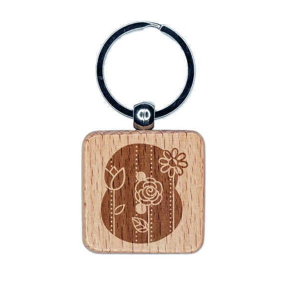 Sweet and Cute Flowers Rounded Block Number 8 Eight Square Keychain Charm Tag - Engraved Wood