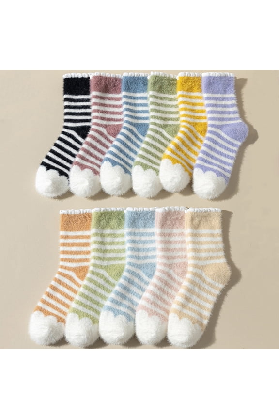 Sweet and Cute Fuzzy Ball Coral Fleece Sleep Socks&nbsp;– Mid-Calf Winter Home Socks for Women, Perfect for Chilly Nights (One Size, 6 Pair)