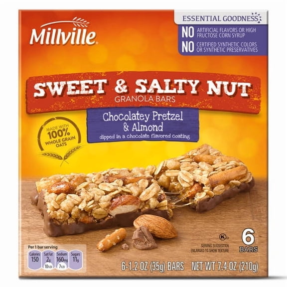 Millville Sweet and Salty Nut Chocolatey Pretzel and Almond Granola Bars, 6 count - Pack of 2