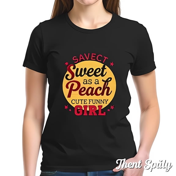 Sweet as a Peach Graphic Tee - Cute Black Cotton Short Sleeve T-Shirt with Playful Design and Stars