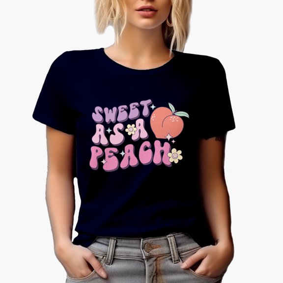 Sweet as a Peach, Retro Groovy Wavy Text Art, Valentine's Day Merch Gift, Navy Blue T-Shirt, Large