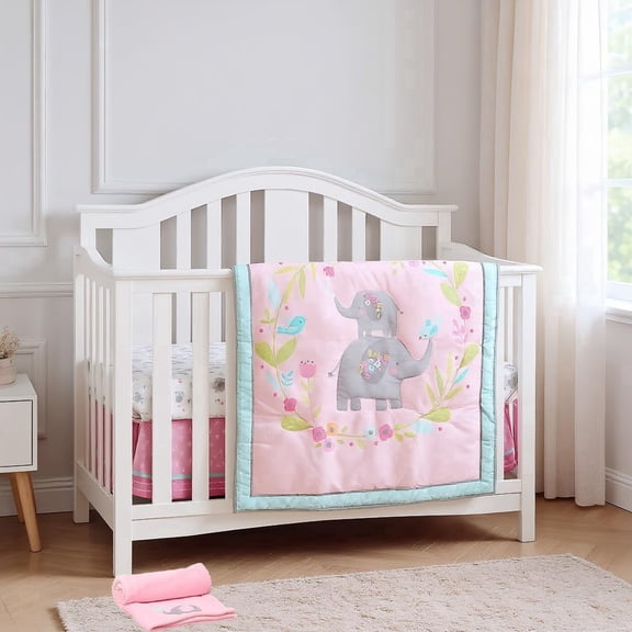 Sweet baba 4 PCS Pink Flower Elephant Design Breathable Cotton Baby Crib Bedding Set for Girls - Newborn, Infant & Toddler Nursery Cot Bed Set Including Fitted Crib Sheet, Crib Skirt,Quilt,Blanket