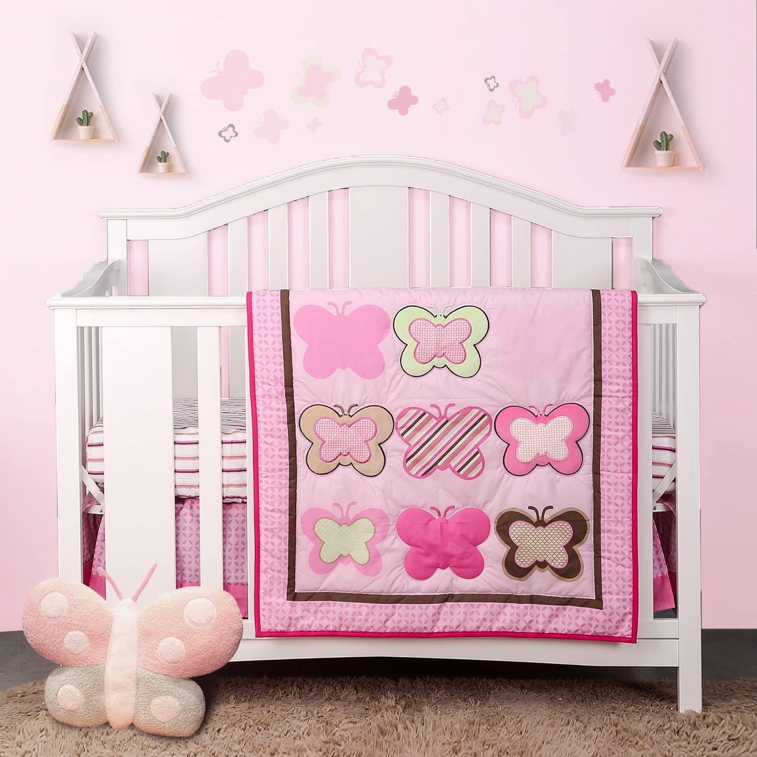 Sweet baba Luxury 4 PC Butterfly Crib Bedding Set, Pink Crib Set for Baby Girls, Microfiber Printed Cotton Nursery Bedding Set Including Comforter/Skirt/2 Crib Sheets