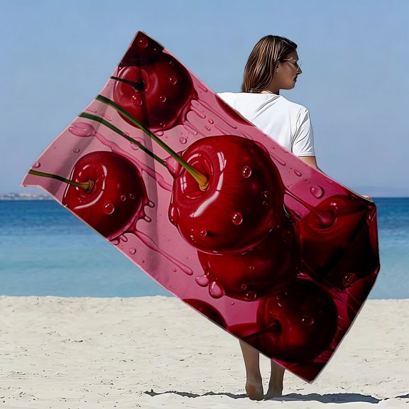 Sweet cherry wind soft towel is suitable for beach, bright cherry print pattern, fast drying, super water absorption, suitable for seaside vacation, beach picnic, outdoor leisure scene