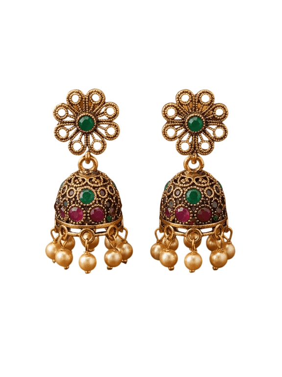 - Traditional Floral Jhumka Earrings with Green and Red Detailing for Women