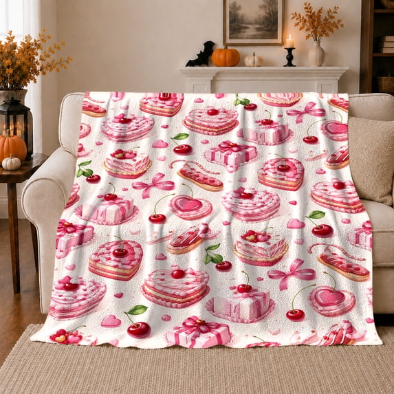 Sweet decorative motif Art Heart Cake Cherry Print Valentine'S, Cozy Playful Scene, Warm Flannel Blanket for Living Room and Bedroom, Art Lovers Valentine's Day Gift, Playful Home Decor