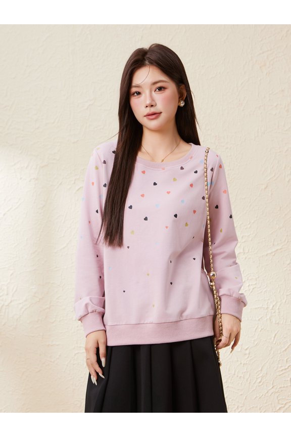Sweet style one-line collar printed sweatshirt
