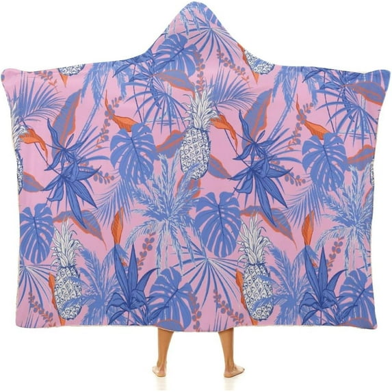 Sweet-tropical-pattern Wearable Blanket Women Men Hooded Blanket Adult Plush Poncho Lightweight Soft