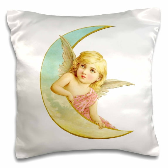 3dRose, Sweet vintage angel on crescent moon cute pink dress cherub girl pretty female Christmas cupid child, 16x16 inch Pillow Case