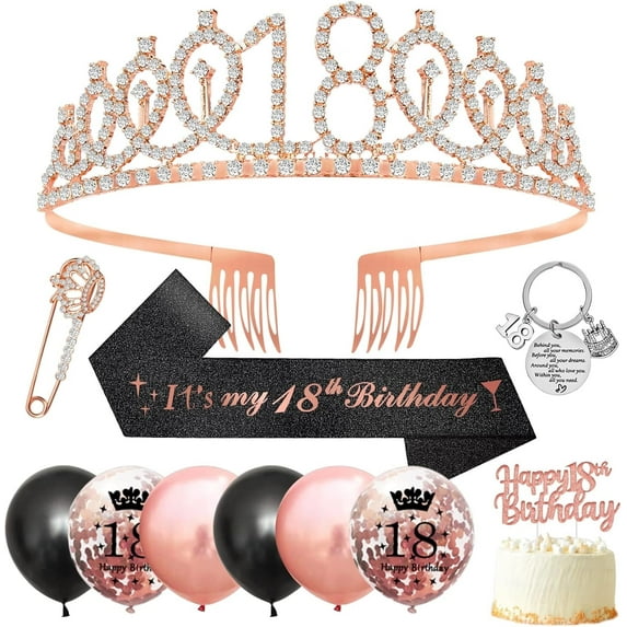 Sweet18th Birthday Gifts for Girls, 18th Birthday Decorations Sash and Tiara Girls,Tiara Rhinestone Crown,Glitter Sash,Black Rose Gold Balloons,Cake Topper,Keyring for Happy 18 Party Favor