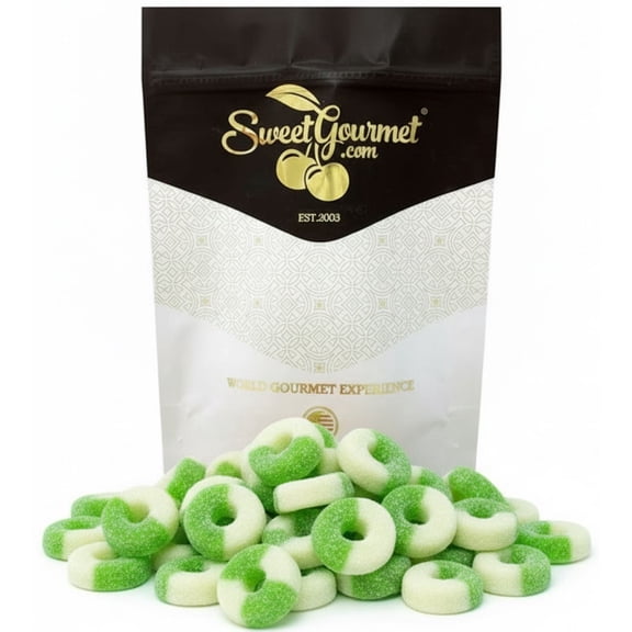 SweetGourmet Green Apple Gummy Rings, Soft and Chewy, Sugar Sanded, Bulk Candy, 1 Pound Bag