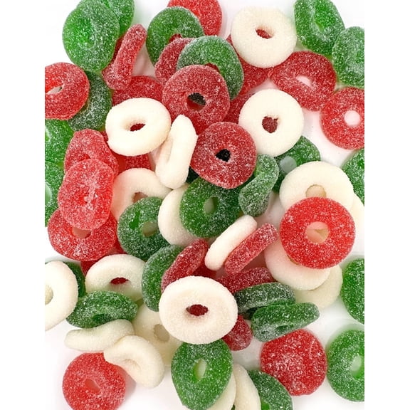 SweetGourmet Gummy Christmas Wreath Candy, 1 Pound Bag, Cherry, Strawberry-Banana and Green Apple Flavors, Sugar Sanded Gummy Rings