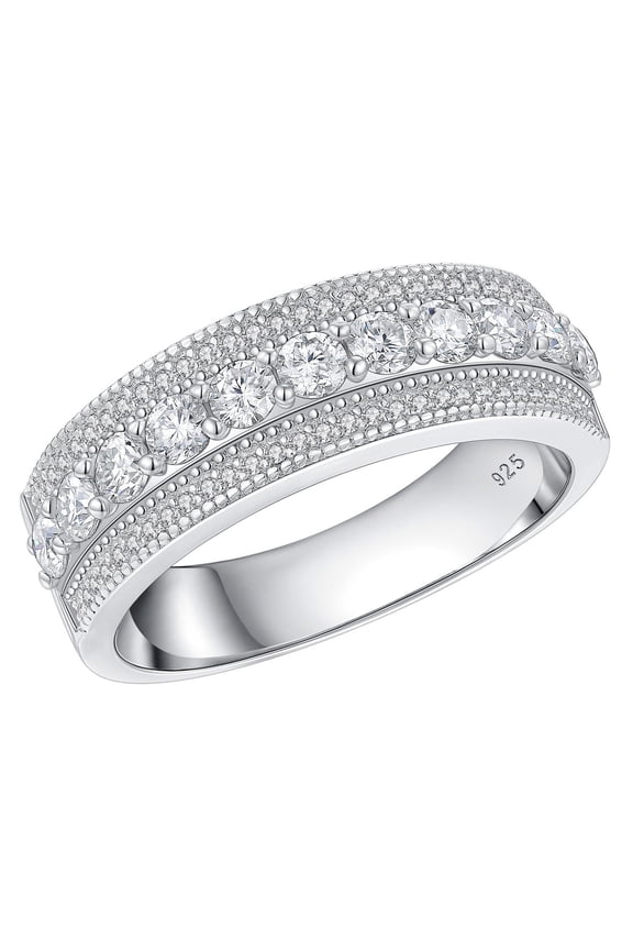 Womens Moissanite Wedding Band 1.5ct 71 Round Cut 3 Rows 18k White Gold Plated Sterling Silver Sparkling Elegant Eternity Engagement Ring Size 10