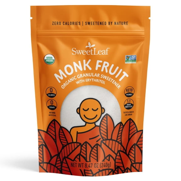 SweetLeaf Organic Monk Fruit Granular Sweetener, 8.47 oz, 1:1 Sugar Substitute, Zero Calorie, Keto Friendly, Non-GMO, Gluten Free, White Sugar Replacement for Baking, Coffee & Recipes