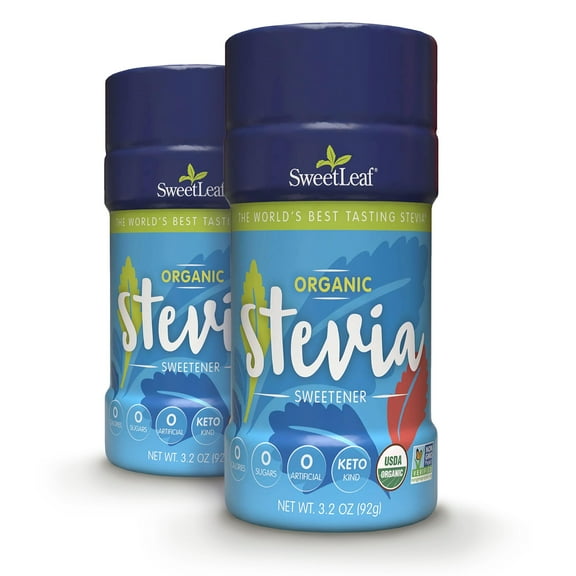 SweetLeaf Organic Stevia Powder DEF29 Shaker Jar - Zero Calorie Stevia Sweetener, No Bitter Aftertaste, Plant-Based Sugar Substitute, Non-GMO Sweet Leaf Stevia, 3.2 Oz Ea (Pack of 2)