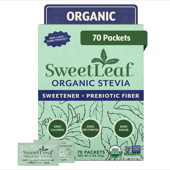 SweetLeaf Organic Stevia Powder Packets Sugar Substitute, 70 Count