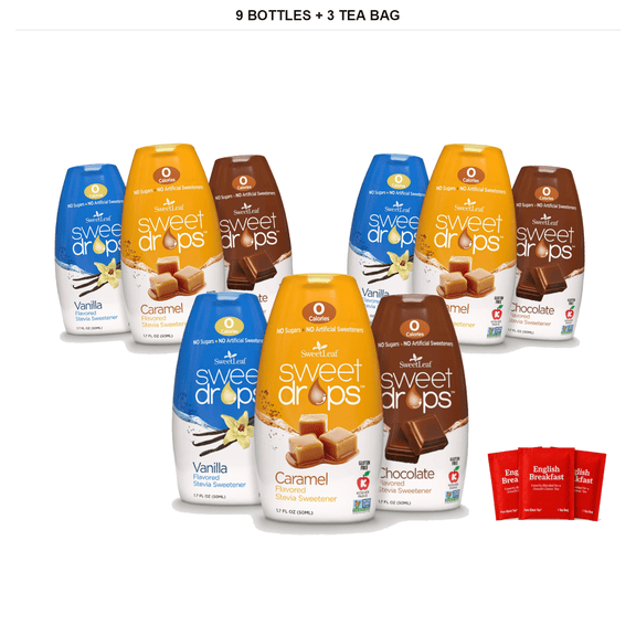 SweetLeaf Sweet Drops Stevia Liquid Variety Pack, Chocolate, Caramel and Vanilla, 9 Bottles x 1.7 oz with 3 Individually Wrapped Black Tea Bag