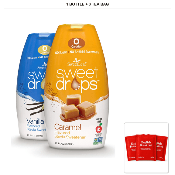 SweetLeaf Sweet Drops Vanilla And Caramel Variety Pack 1 Bottle x 1.7 oz Each with 3 Individually Wrapped Black Tea Bag