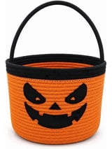 SweetMemo Orange Cotton Rope Candy Pail with Handle, Pumpkin Halloween Basket, 9.5 x 7.5 in, 1 Pack