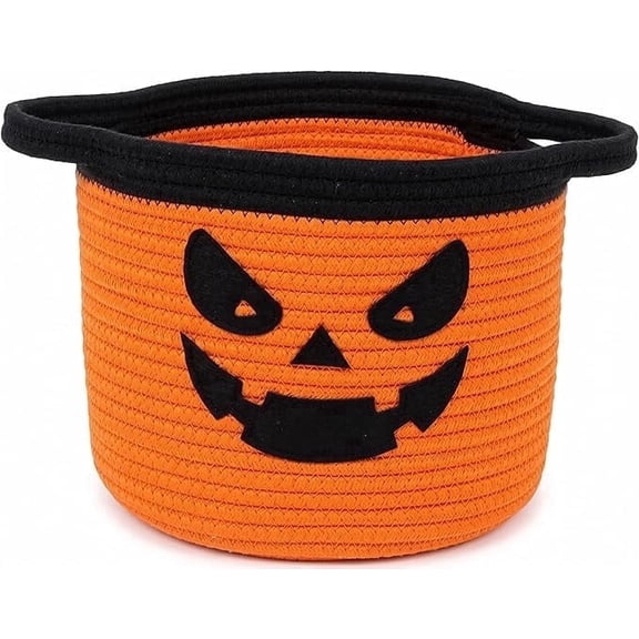 SweetMemo Orange Cotton Rope Candy Pail with Side Handles, Pumpkin Halloween Basket, 9.5 x 7.5 in, 1 Pack