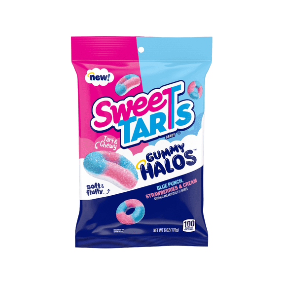 SweetTARTS Gummy Halos Candy 12 Pack, 6 oz Bags, Soft Tart & Chewy Blue Punch and Strawberries & Cream Rings