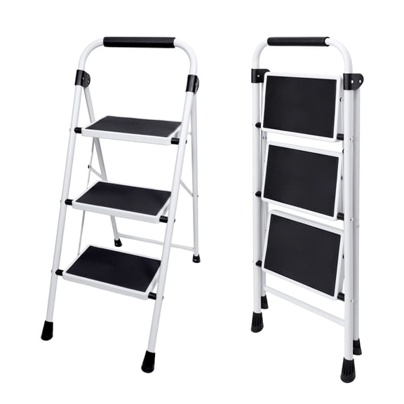 Sweetcrispy 3-Step 800 lbs Capacity Steel Step Ladder, Non-Slip Pedals Comfortable Handrails Portable for Kitchen Garage Outdoor, Black