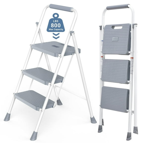 Sweetcrispy 3-Step 800 lbs Capacity Steel Step Ladder, Non-Slip Pedals Comfortable Handrails Portable for Kitchen Garage Outdoor, Gray