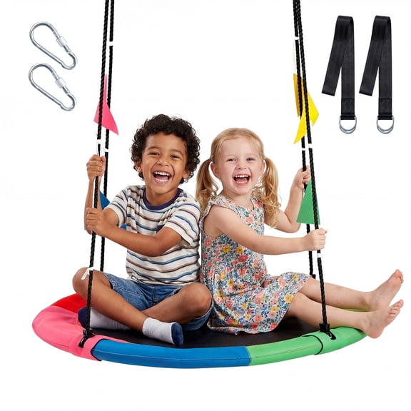 Sweetcrispy 40" Kids Saucer Swing, Adjustable Rope, 440lb Capacity, 600D Oxford Fabric, Outdoor Tree Swing with 4 Detachable Flags, Rainbow
