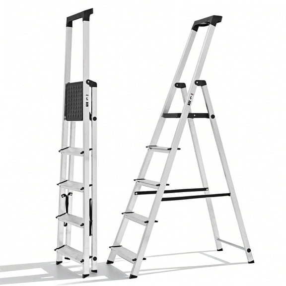 Sweetcrispy 5-Step 330 lbs Capacity Aluminum Folding Ladder, Wide Non-Slip Steps Steel Platform Slim Fold Design