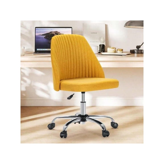 Sweetcrispy Armless Vanity Chair, Cute Comfy Home Office Desk Chair With Wheels, Modern Upholstered Task Computer Seat For Bedroom, Study, Makeup Vanity, Height Adjustable &Amp; Swivel, Yellow