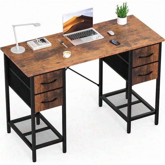 Sweetcrispy Computer Desk With Drawers, 47 Inch Home Office Bedroom Table With 4 Fabric Drawers & 2 Mesh Storage Shelves, Wood Table With X-Shaped Structure For Writing Study PC Desk, Brown