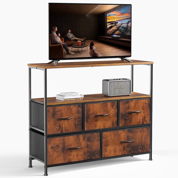 edx Dresser TV Stand with 5 Fabric Drawer, Rust Brown
