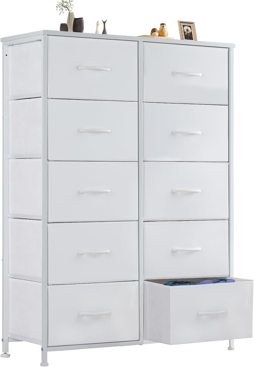 White 10-Drawer Tall Dresser with Steel Frame and Wood Top