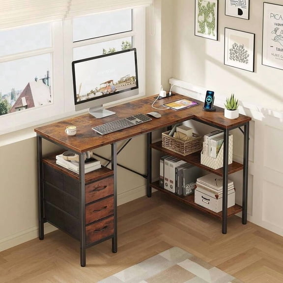 Sweetcrispy L Shaped Desk With Shelf Drawers, White Corner Computer Desks Gaming With Power Outlet, Study Table With Adjustable Shelves, Home Office Tables For Bedroom Teacher Reading Writing