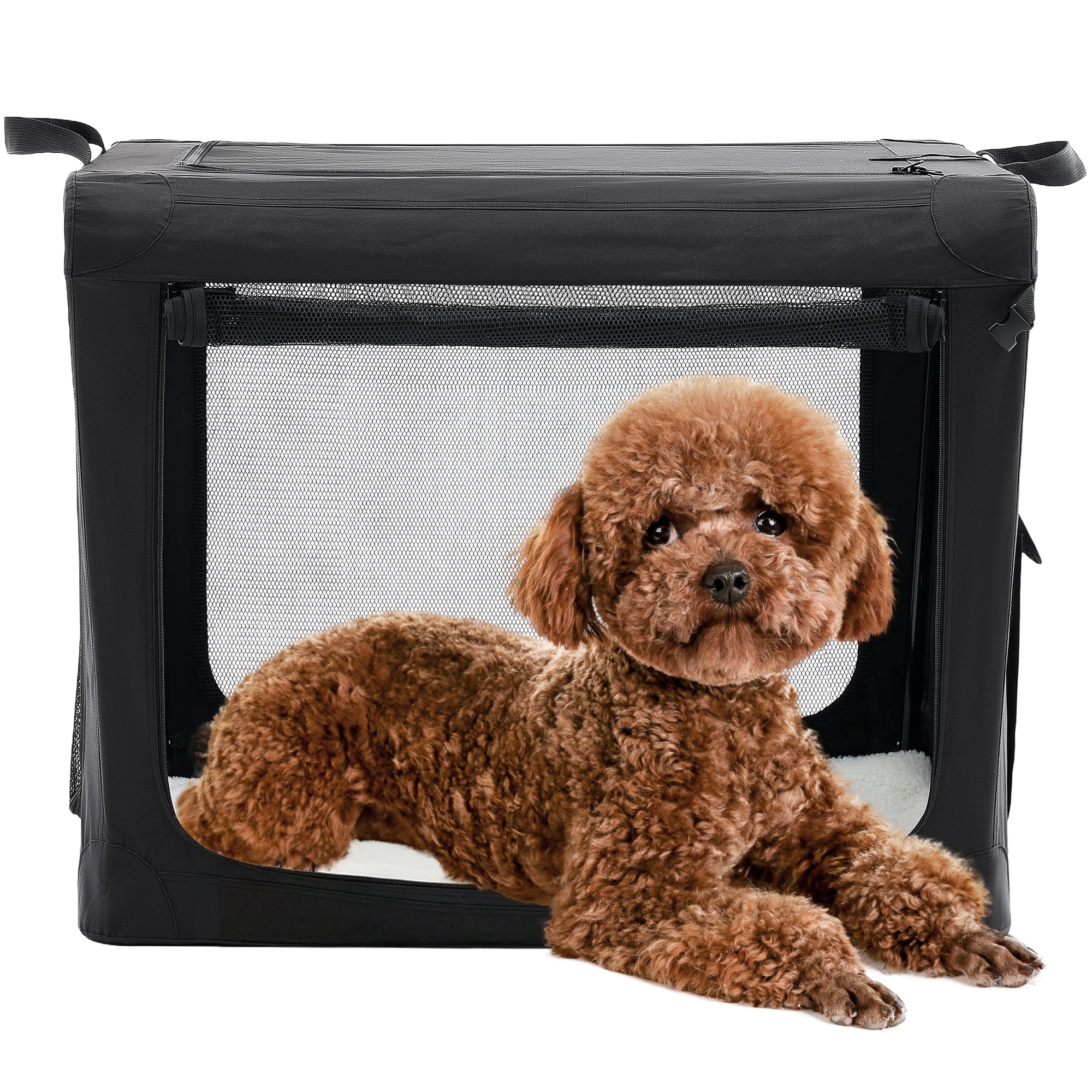 Sweetcrispy Portable Soft-Sided Dog Crate, Folding Travel Kennel with 3 Doors & Storage Pocket, Lightweight Oxford Fabric, Black, 30 lb Limit