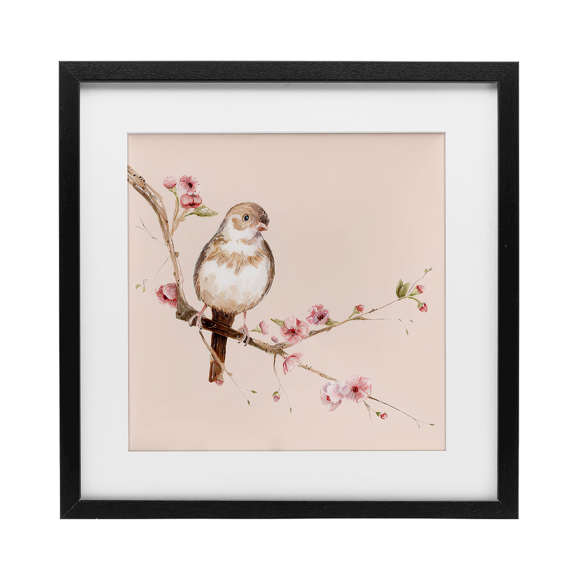 Sweetest Brown Bird Black Framed Print Under Glass, design by Lisa Wehmeyer
