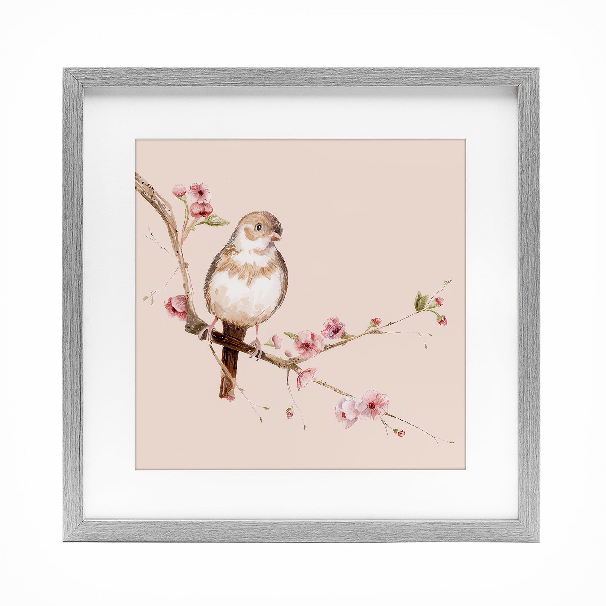 Sweetest Brown Bird Gray Framed Print Under Glass, design by Lisa Wehmeyer