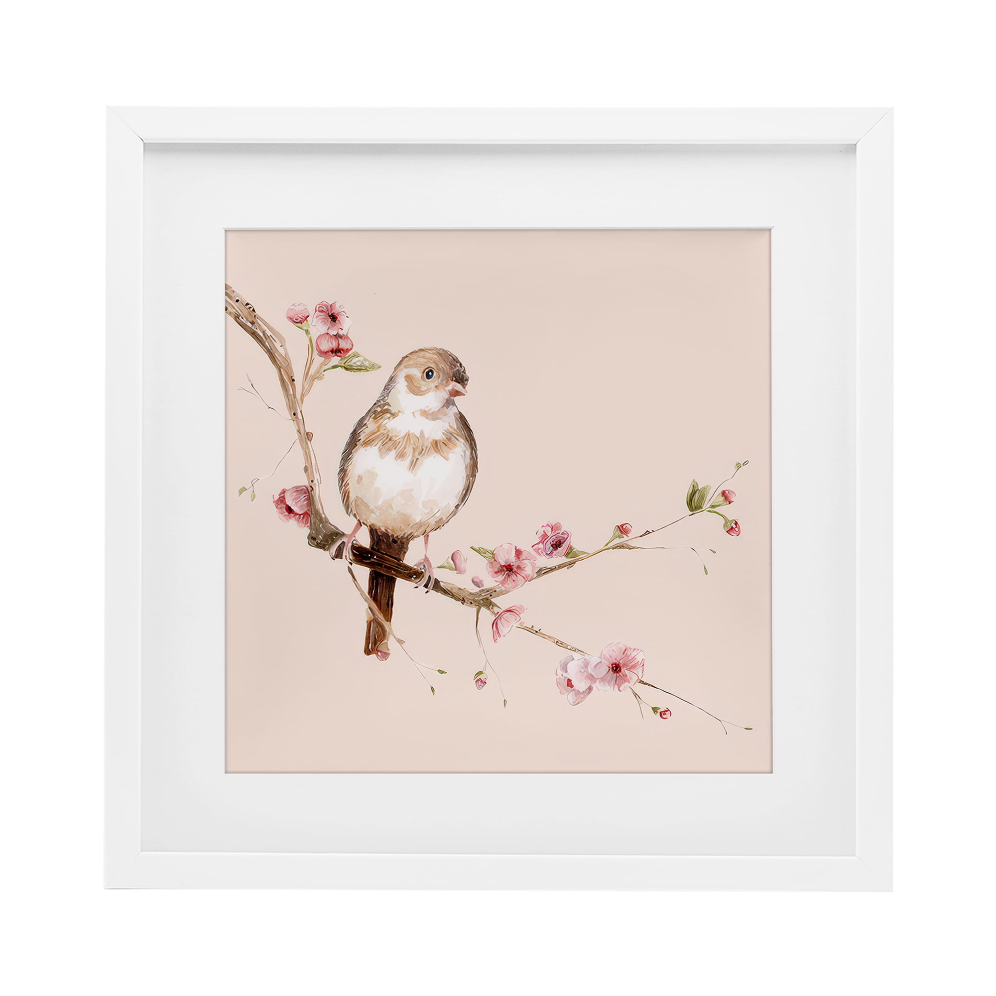 Sweetest Brown Bird White Framed Print Under Glass, design by Lisa Wehmeyer