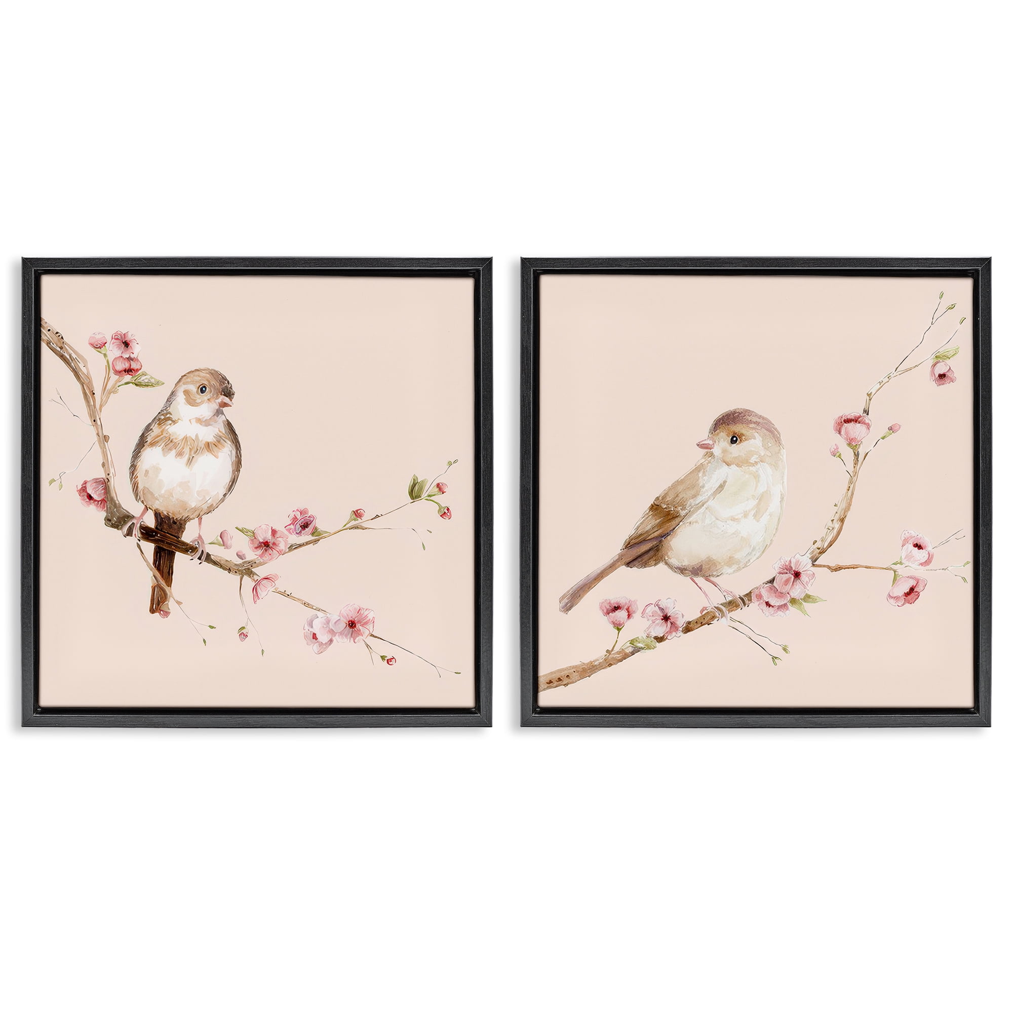 Sweetest Brown Birds Branch 2 Piece Black Framed Floater Canvas Set, design by Lisa Wehmeyer