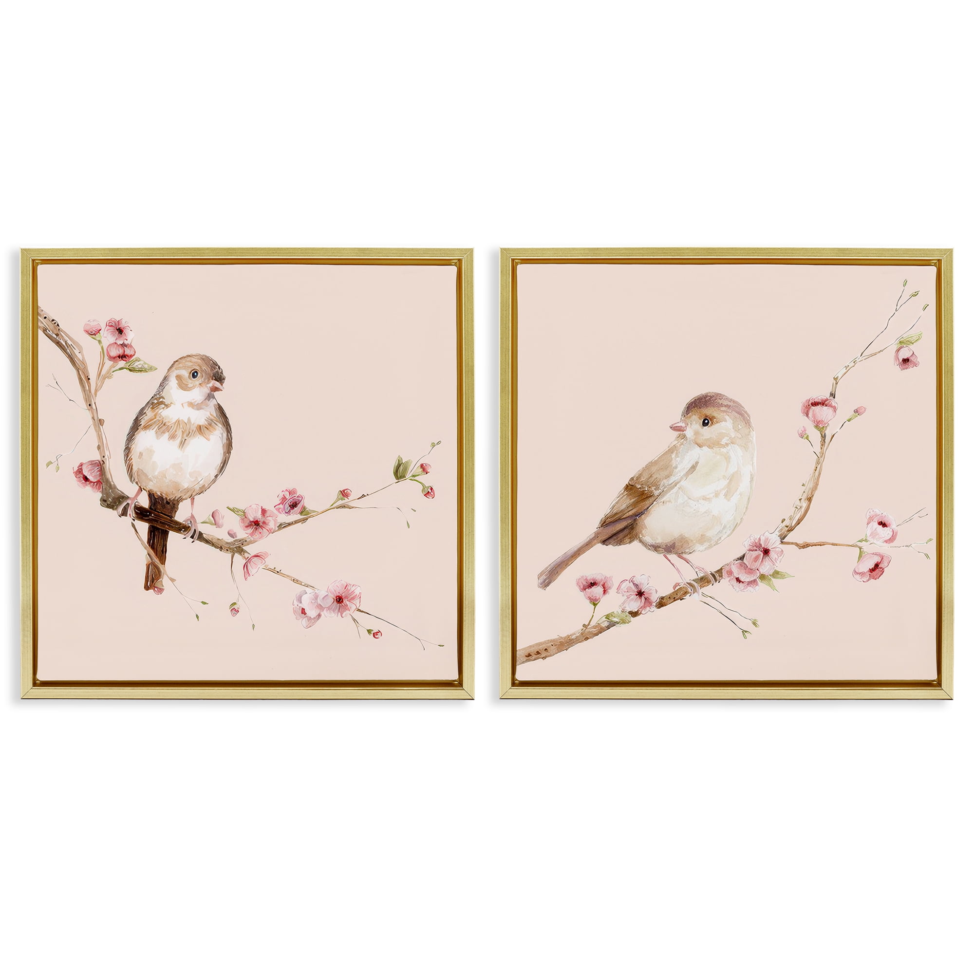 Sweetest Brown Birds Branch 2 Piece Gold Framed Floater Canvas Set, design by Lisa Wehmeyer